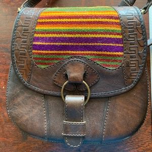 Hand Stitched Bolivian leather and woven wool crossbody bag